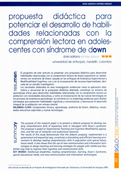 Imagen de apoyo de  Propuesta didáctica para potenciar el desarrollo de habilidades relacionadas con la comprensión lectora en adolescentes con síndrome de Down
