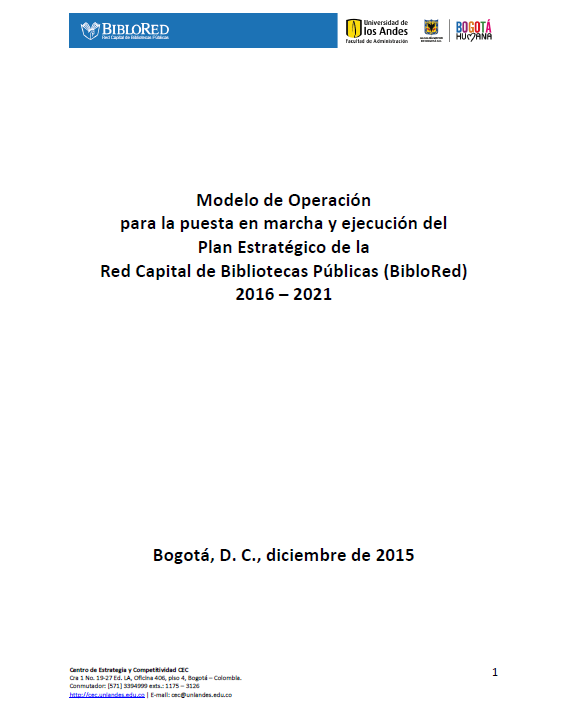 Imagen de apoyo de  Modelo de operación para la puesta en marcha y ejecución del Plan Estratégico de la Red Capital de Bibliotecas  Públicas (BibloRed) 2016 – 2021