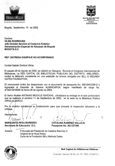 Imagen de apoyo de  Carta de notificación de entrega de la estatuilla por el Premio de la Fundación Bill & Melinda Gates a la Red Distrital de Bibliotecas Públicas. BibloRed
