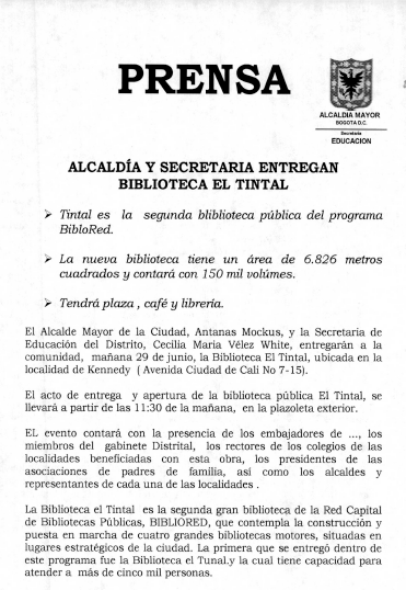 Imagen de apoyo de  Nota de prensa sobre la apertura de la Biblioteca Pública El Tintal Manuel Zapata Olivella