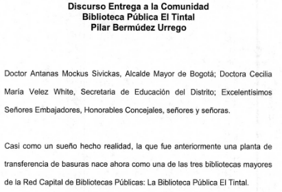 Imagen de apoyo de  Discurso entrega a la comunidad de la Biblioteca Pública El Tintal Manuel Zapata Olivella